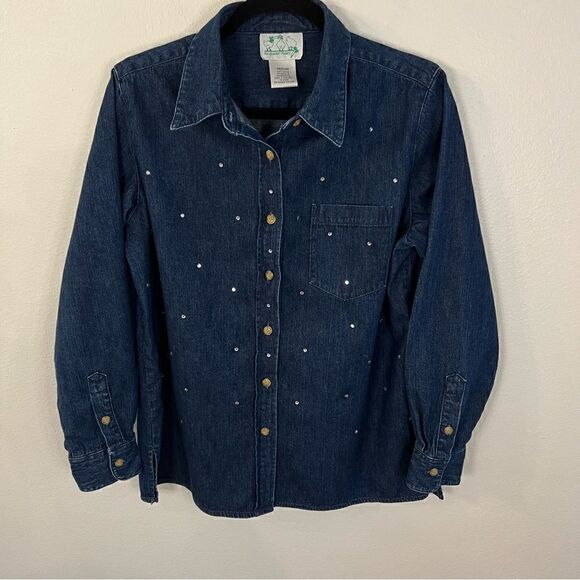 QUACKER FACTORY Womens Medium Blue Denim SEQUIN Blouse Shirt Button Front L/S - Picture 1 of 5